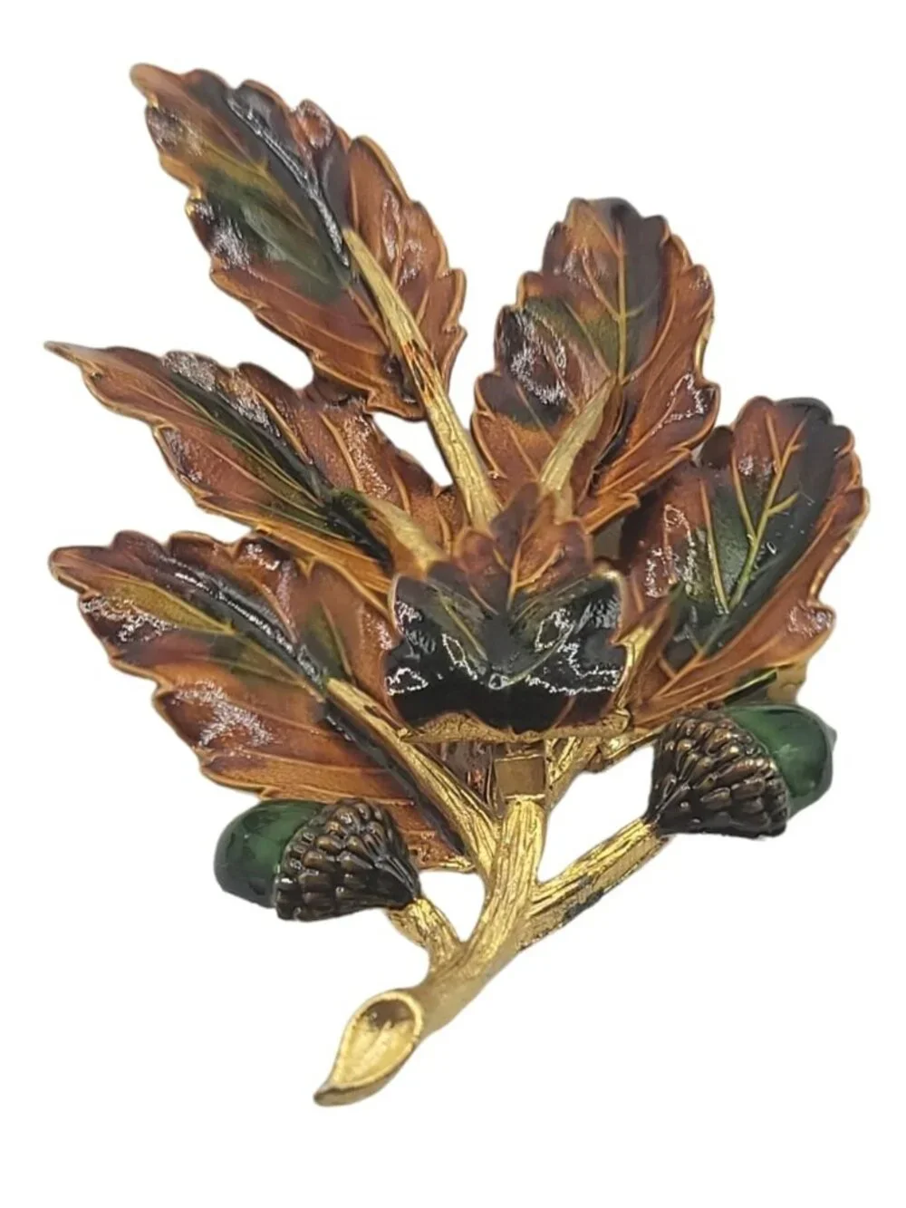Weiss Brown Green Enamel Maple Leaf Acorn Brooch Signed